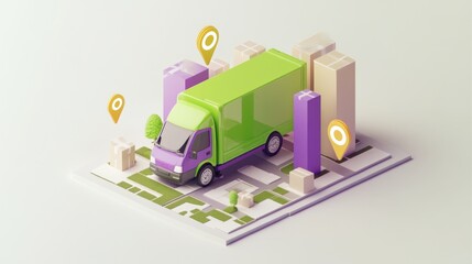 Poster - A 3D illustration of a delivery truck surrounded by packages and location markers on a map.