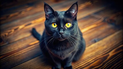 A sleek black cat with piercing yellow eyes lounges elegantly atop a wooden surface, casting an air of mystery throughout the cozy indoor space.