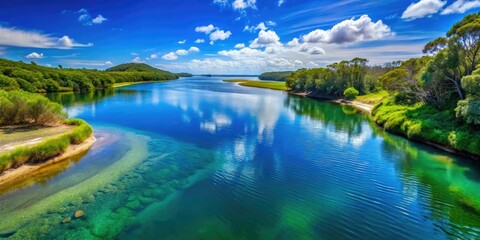 A serene river flows gently into peaceful waters beneath a clear blue sky, embraced by nature's calm beauty, inviting reflection and tranquility in every moment.