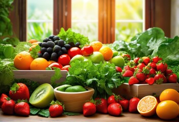 Wall Mural - vibrant close fresh produce assorted sanitized spot showcasing colorful fruits crops healthy lifestyle, vegetables, freshness, quality, organic, market