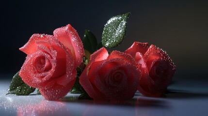 Wall Mural - Three red roses with dewdrops on petals against a soft background.