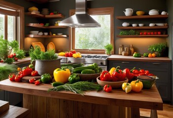 Canvas Print - vibrant colorful ingredients arranged neatly clean safe kitchen setup featuring love cooking freshness, vegetables, fruits, herbs, spices, bowls, utensils