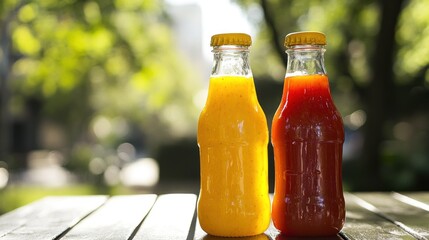 Wall Mural - Two colorful bottles of juice on a wooden table in a sunny outdoor setting.