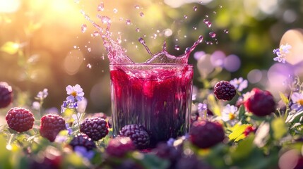 Wall Mural - A vibrant glass of berry juice splashing amidst fresh berries and flowers in a natural setting.