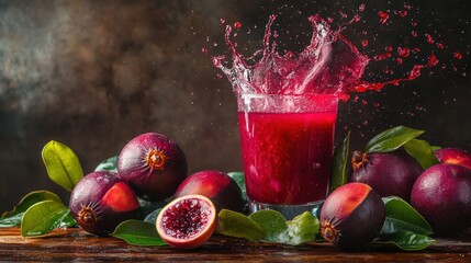 Wall Mural - A vibrant splash of juice from a glass surrounded by fresh fruits and green leaves.