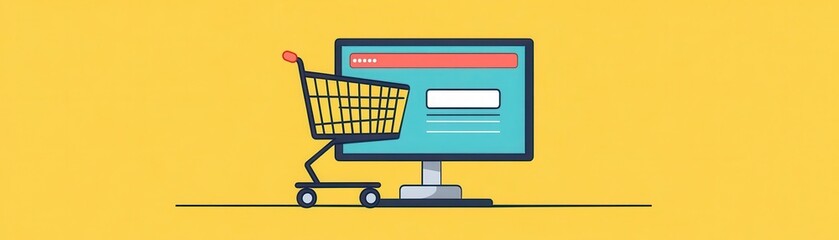 Visualize a oneclick checkout feature on an ecommerce site for faster payments, flat design, front view, convenience theme, cartoon drawing, Splitcomplementary color scheme