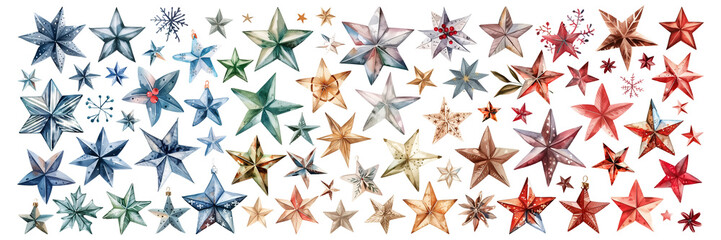 Wall Mural - Set of isolated cute stars in vivid hand painted watercolor painting on a transparent background for ornamental Christmas and New Year celebration party decoration elements.