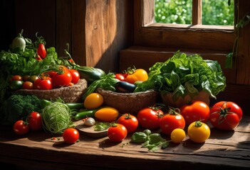 vibrant display fresh ingredients arranged artfully rustic wood table creating inviting culinary scene, colorful, natural, herbs, vegetables, fruits