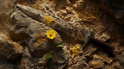 Wall Mural - Warrior blade with a mustard flower on a cave floor