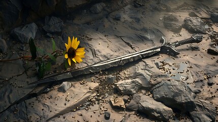 Wall Mural - Warrior blade with a mustard flower on a cave floor