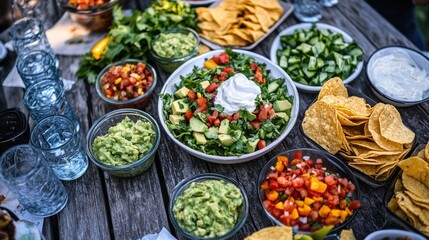 Canvas Print - A vibrant spread of fresh salads, guacamole, and chips for a festive gathering.