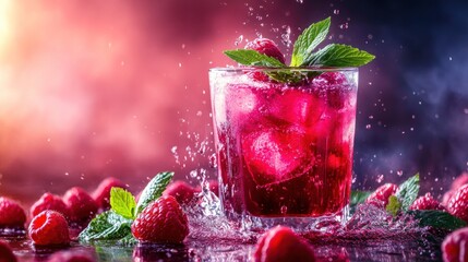 Wall Mural - A refreshing raspberry drink splashes in a glass, surrounded by fresh raspberries and mint.