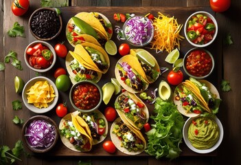 Wall Mural - vibrant taco platter featuring colorful toppings symmetrically arranged stunning visual presentation, salsa, guacamole, cheese, lettuce, tomato, onion