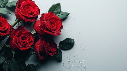 Poster - A close-up of fresh red roses with droplets on petals against a light background.