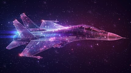 High speed concept. Fighter jet in the form of a starry sky or space, consisting of points, lines, and shapes in the form of planets, stars and the universe. Vector wireframe concept.