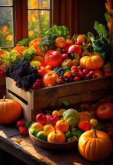 Wall Mural - colorful display fresh fruits vegetables artfully arranged various bowls illustrating abundant harvest natural vibrancy, design, arrangement, organic