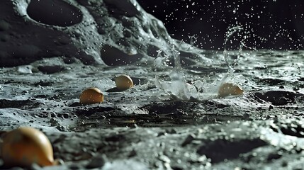 Wall Mural - Water droplets along with a water cannon and fruit on the lunar surface