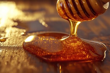 Wall Mural - Close-up of honey dripping from a dipper onto a wooden surface.