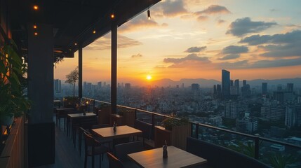 Sticker - Rooftop sunset view over a city with tables and chairs, creating a relaxing atmosphere.