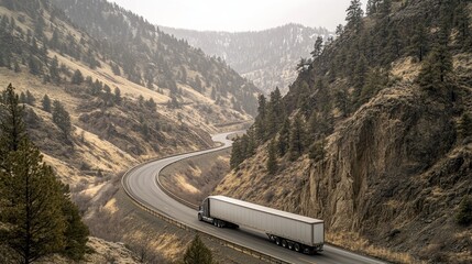 Sticker - A truck navigates a winding road through a mountainous landscape under a cloudy sky.