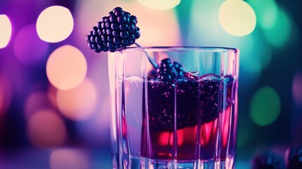 Wall Mural - A vibrant cocktail garnished with blackberries, set against a colorful bokeh background.