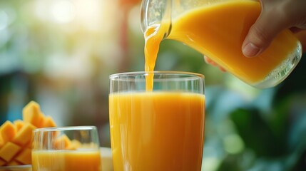 Wall Mural - A person pours fresh orange juice into a glass, with mango pieces in the background.