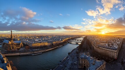 Poster - A panoramic view of Paris at sunset, showcasing the Seine River and cityscape.