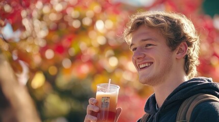 Poster - A smiling young man enjoys a drink against a backdrop of colorful autumn leaves.