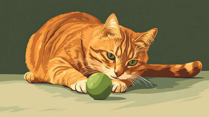 A  orange tabby cat with green eyes playing with a green ball.