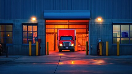 Poster - A truck is parked at a loading dock, illuminated by warm lights in a warehouse setting.