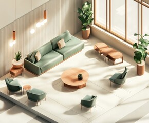 Wall Mural - A modern, minimalist living room with plants and stylish furniture.