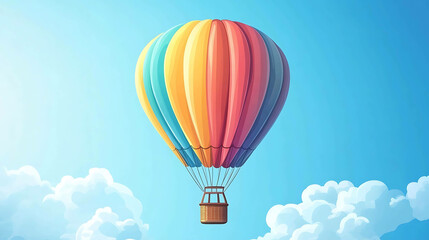 A colorful hot air balloon floats against a bright blue sky with fluffy white clouds.