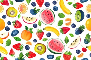 Wall Mural - A variety of colorful fruits arranged on a clean white surface