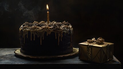 Poster - A festive chocolate cake with a candle beside a beautifully wrapped gift.