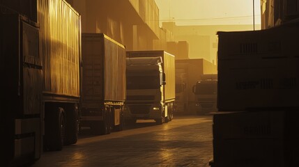 Wall Mural - Trucks parked in a warehouse during sunset, highlighting an industrial setting.