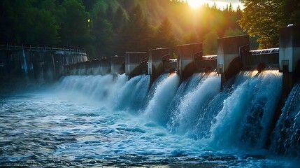 Wall Mural - Water flowing over dams used creates energy without emitting pollutants