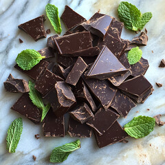 Rich dark chocolate pieces arranged with fresh mint leaves create delightful contrast, perfect for culinary inspiration or dessert presentations. combination evokes sense of indulgence and freshness