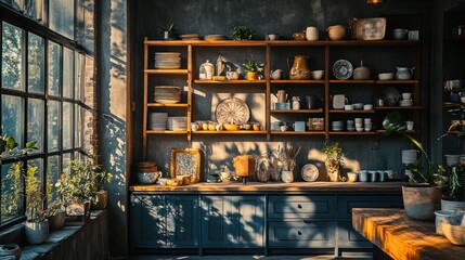 Wall Mural - A cozy kitchen filled with plants, dishes, and warm sunlight creating a welcoming atmosphere.