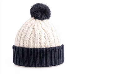 A fashionable woolen hat with a pom-pom, isolated on a white background.