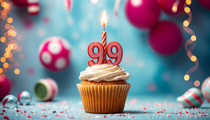 Birthday cupcake with burning lit candle with number 99. Number ninety-nine for ninety-nine years or ninety-ninth anniversary.