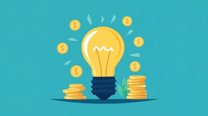 Wall Mural - Light bulb with coins, representing idea-based financial growth, flat design illustration