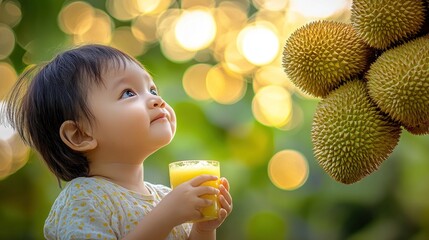 Wall Mural - A child gazes at durian fruit while holding a glass of juice, surrounded by a vibrant backdrop.