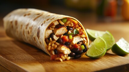 A tightly wrapped burrito filled with grilled chicken, black beans, rice, cheese, and salsa, served on a wooden cutting board with lime wedges on the side.