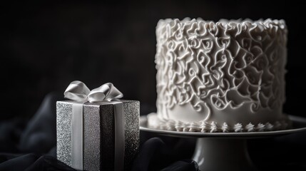 Sticker - A beautifully decorated white cake beside a silver gift box on a dark backdrop.