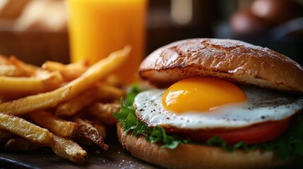 Canvas Print - A delicious burger with a fried egg, lettuce, tomato, and fries, served with a drink.