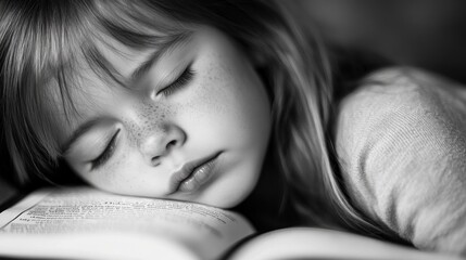 Sticker - A young girl peacefully sleeps on an open book, embodying tranquility and the love of reading.