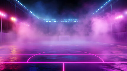 Poster - textured soccer game field with neon fog center, midfield, 3D Illustration