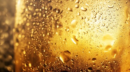 Poster - Close-up of a condensation-covered glass filled with a golden beverage.