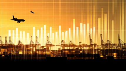 Canvas Print - A digital graphic depicting an industrial skyline with planes and cargo cranes at sunset.