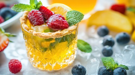 Wall Mural - A refreshing fruit cocktail garnished with berries and mint, served in a decorative glass.